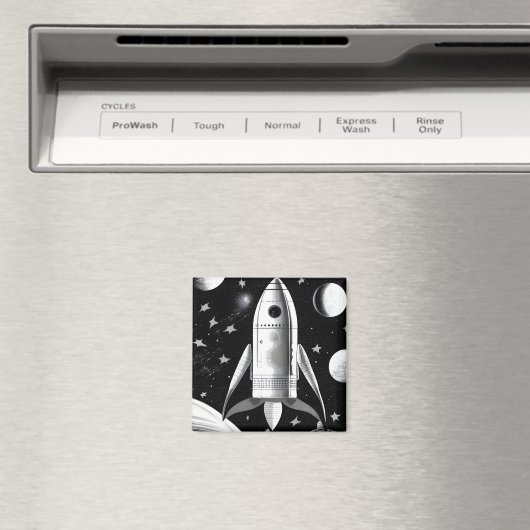 B&W Retro-Raketenschiff Magnet (In Situ (Geschirrspüler))