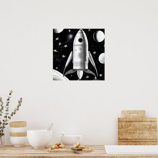 B&W Retro-Raketenschiff Poster (Küche)