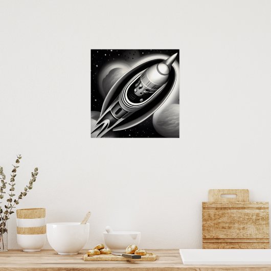 B&W Retro Rocket Poster (Küche)
