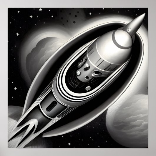 B&W Retro Rocket Poster (Vorne)
