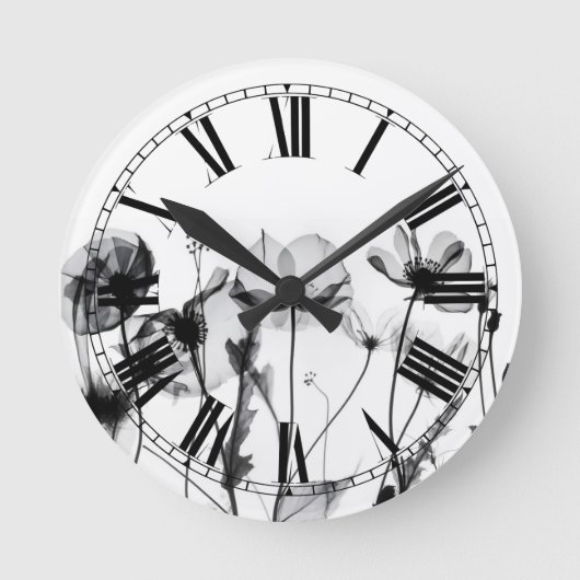 B&W Röntgenblumen Runde Wanduhr (Vorderseite)