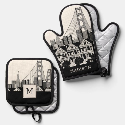 B&W San Francisco Kalifornien Ofenhandschuh & Topflappen-Set (Vorderseite/Rückseite)