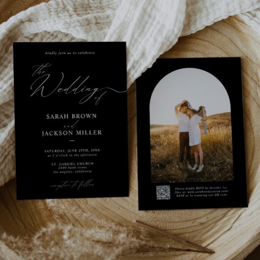 B & W Simple Elegant Modernes Script QR Code Hochz Einladung