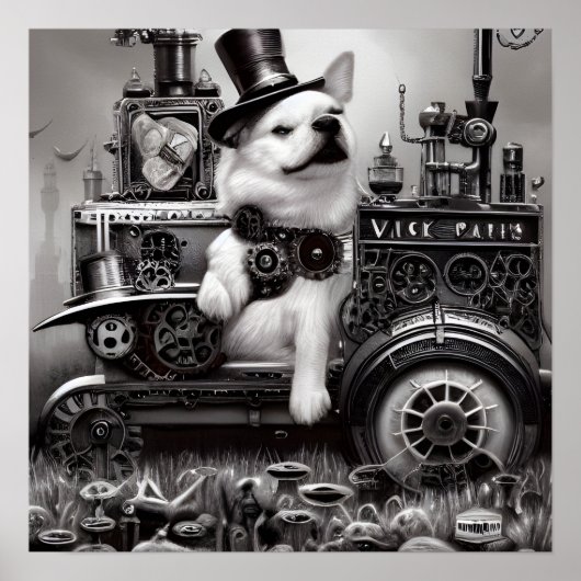 B&W Steampunk Dog & Train Poster (Vorne)