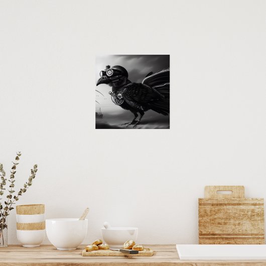 B&W Steampunk Robot Bird Poster (Küche)