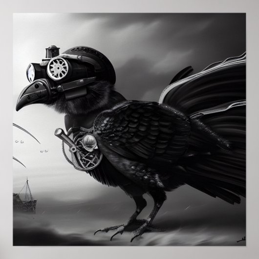 B&W Steampunk Robot Bird Poster (Vorne)