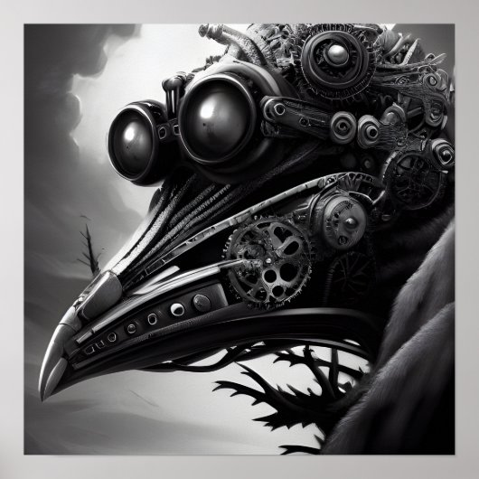 B&W Steampunk Robot Raven Poster (Vorne)