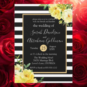 B+W Streifen Blumen Gelbe Rosen Hochzeit Einladung