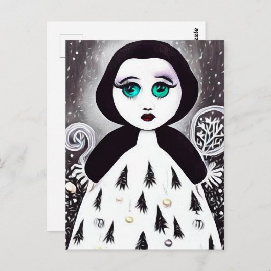 B&W Surreal Pop Xmas Tree Dress Doll Postkarte (Vorne/Hinten)