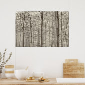 B&W Wald mit Morgennebel hinter den Bäumen Poster (Küche)