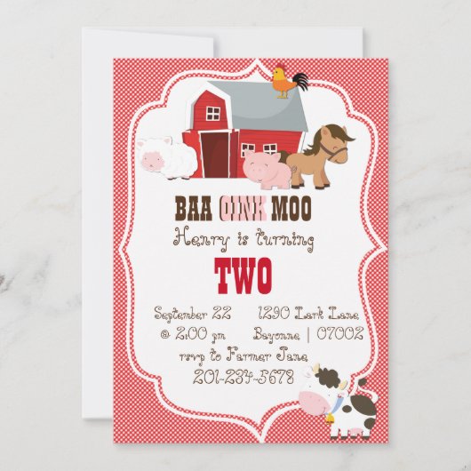 Baa-Oink-Moo Einladung zum Geburtstag (Vorderseite)