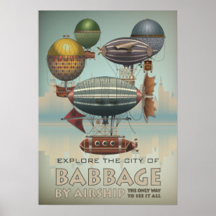 Babbage mit Luftschiff Steampunk Vintage Reise Poster