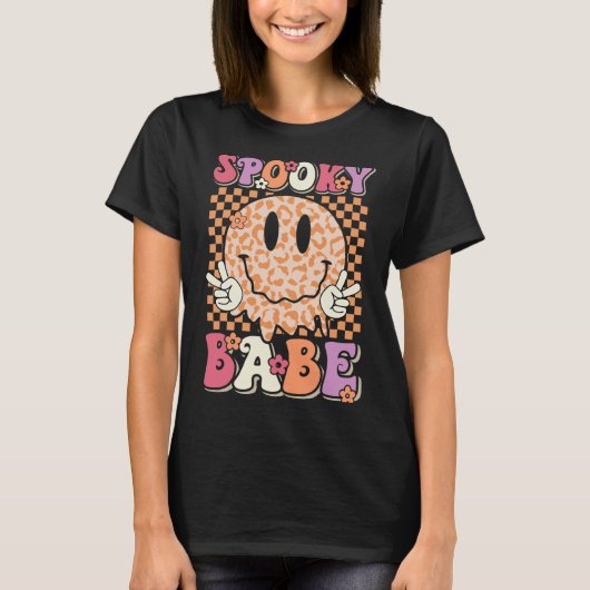 Babe Groovy Halloween Leopard Smile Face Checkered T-Shirt (Vorderseite)