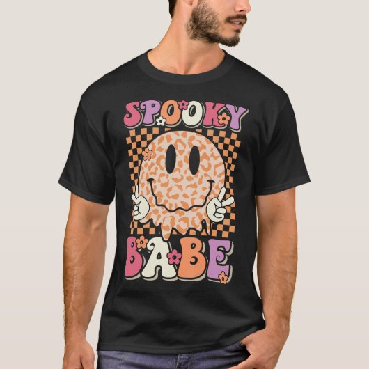 Babe Groovy Halloween Leopard Smile Face Checkered T-Shirt (Vorderseite)