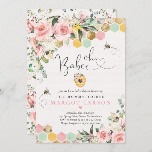 Babee Greenery Pink & Gold Bee Baby Dusche Einladung (Vorne/Hinten)