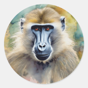 Baboon Watercolor Portrait Runder Aufkleber
