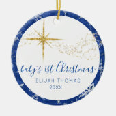 Baby 1 Christmas Blue Snowflake Gold Stars Foto Keramik Ornament (Vorne)