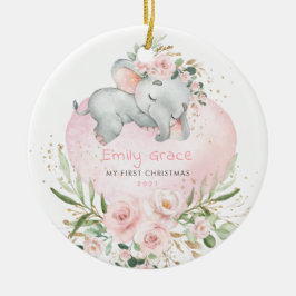 Baby 1. First Christmas Blush Floral Elephant Keramik Ornament