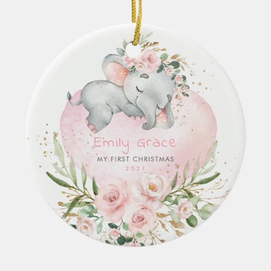 Baby 1. First Christmas Blush Floral Elephant Keramik Ornament (Vorne)