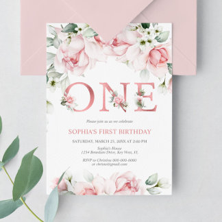 Baby 1. Geburtstag Blush & Rose Gold Floral Einladung