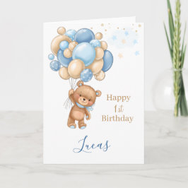 Baby 1. Geburtstag Teddy Bear Blue Balloons Karte