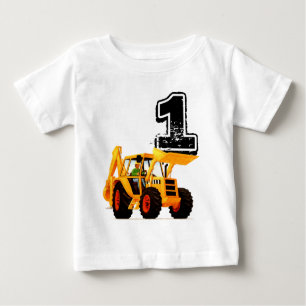 Baby-1. Geburtstags-gelber Baggerbau Baby T-shirt