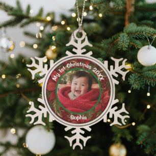 Baby 1. Weihnachten Florales Karmesinrot Foto Name Schneeflocken Zinn-Ornament