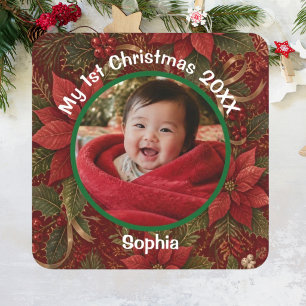 Baby 1. Weihnachten Florales Rot Foto Name Jahr Quadratischer Aufkleber