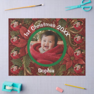 Baby 1. Weihnachten Florales Rot Foto Name Jahr Seidenpapier