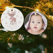 Baby 1. Weihnachten Foto Rosa Schneeflocken Wald