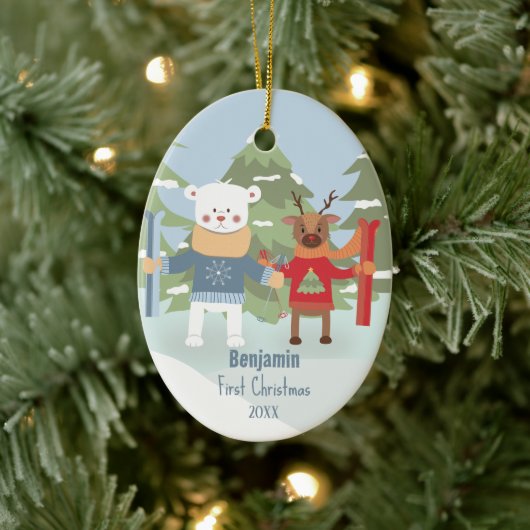 Baby 1. Weihnachtsbär Rentierdeer Keramik Ornament (Baum)