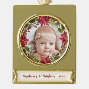 Baby 1. Weihnachtsfest Foto Rote Wasserfarbe Blüt Banner-Ornament Gold