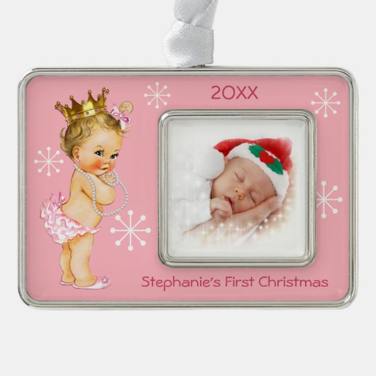Baby-1. WeihnachtsFoto-Rosa-Prinzessin Pearls Rahmen-Ornament Silber (Vorderseite)