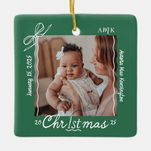 Baby 1. Weihnachtsminimale Hand Drawn Scribble Bow Keramikornament (Vorderseite)