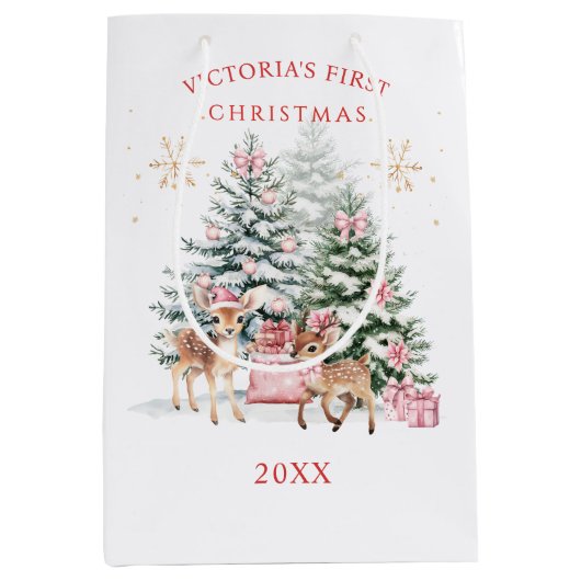 Baby 1st Christmas Pine Tree Fawn Santa Gift Bag Mittlere Geschenktüte (Vorderseite)