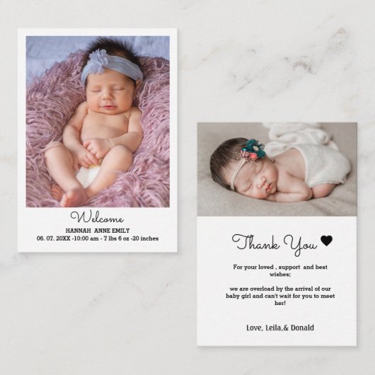Baby 2 Foto Geburtsankündigungskarte |Neugeborene Begleitkarte (Vorne/Hinten)
