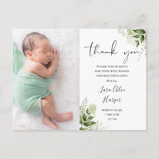 Baby 2 Fotos Grüne Floral Danke Birth Ankündigungspostkarte (Vorderseite)