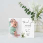 Baby 2 Fotos Grüne Floral Danke Birth Ankündigungspostkarte (Stehend Vorderseite)