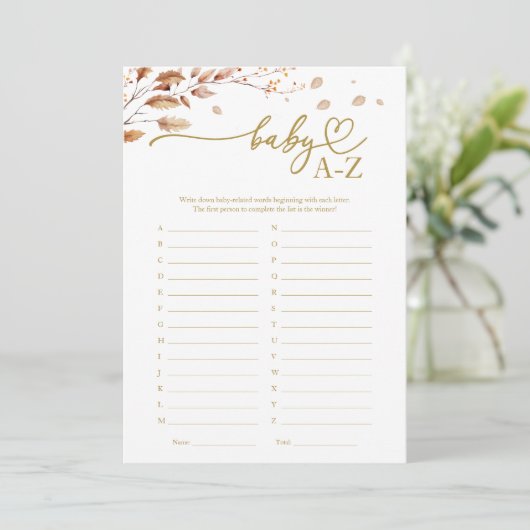 Baby A-Z Game Fall Baby Dusche Einladung (Stehend Vorderseite)