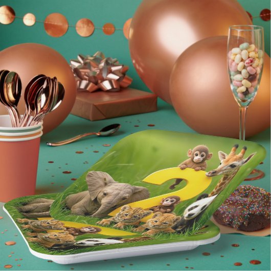 Baby African Animals With a Big Number Two Pappteller (Multi)