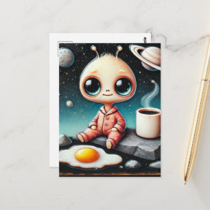 Baby-Alien mit Kaffee und Ei Postkarte