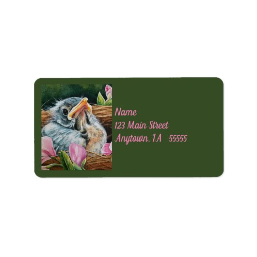 Baby American Robin Bird in Nest Watercolor Art Adressaufkleber (Vorne)