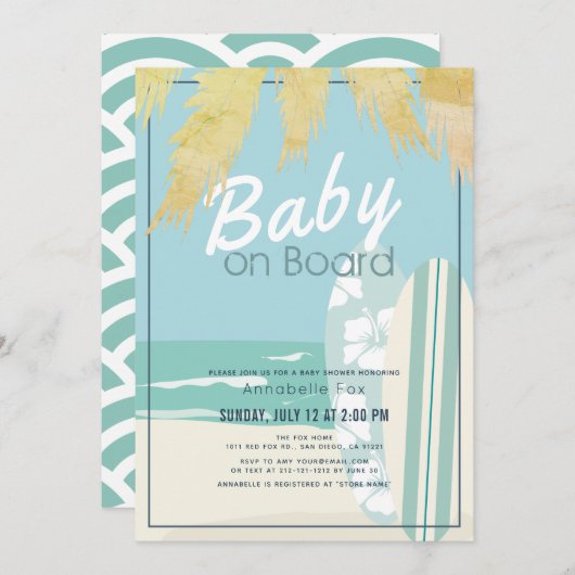 Baby an Bord Beach Surf Boy Baby Dusche Einladung (Vorne/Hinten)