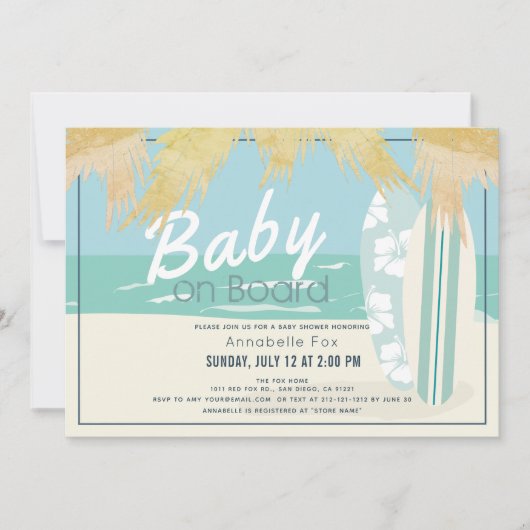 Baby an Bord Beach Surf Boy Baby Dusche Einladung (Vorderseite)