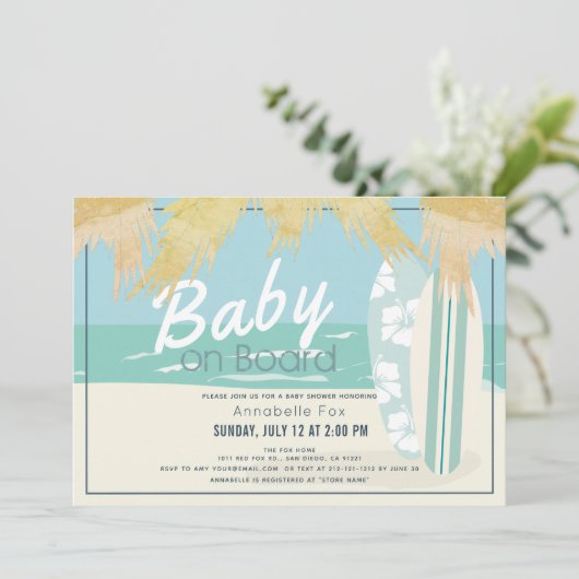 Baby an Bord Beach Surf Boy Baby Dusche Einladung (Stehend Vorderseite)