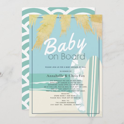 Baby an Bord Beach Surf Boy Baby Dusche per Mail Einladung (Vorne/Hinten)