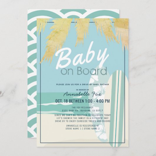 Baby an Bord Beach Surf Boy Drive-by Baby Shower Einladung (Vorne/Hinten)