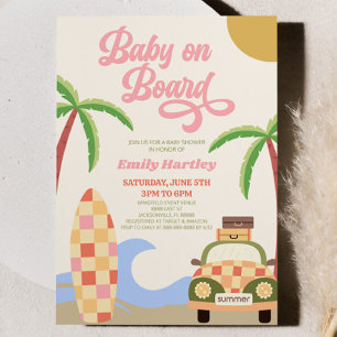 Baby an Bord Beach Surf Pink Retro Babyparty Einladung