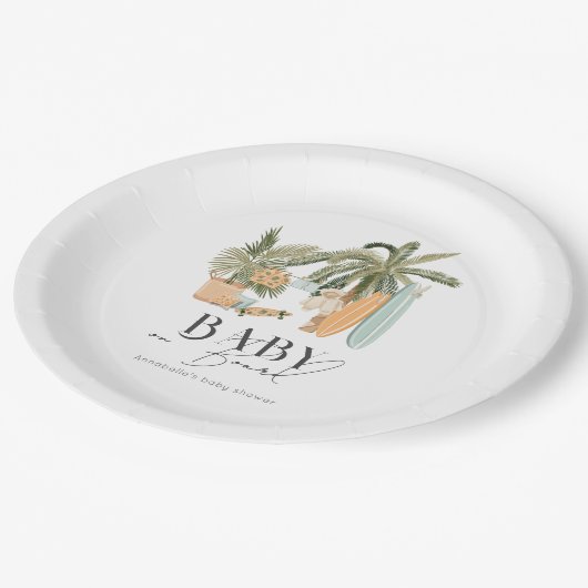 Baby an Bord Palm Tree Surfboard Baby Dusche Pappteller (Schrägansicht)