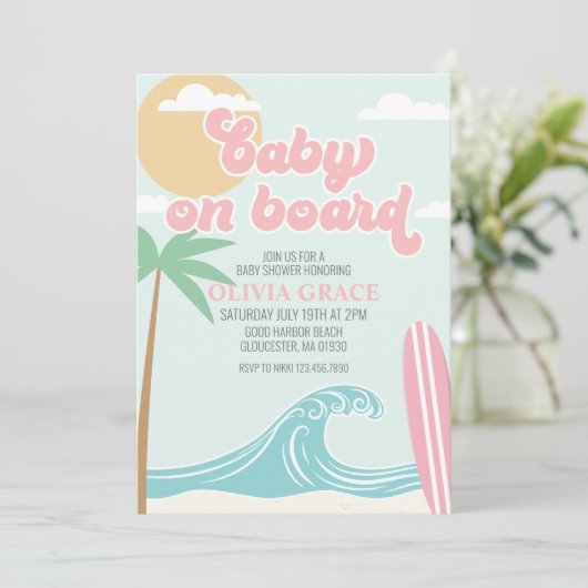 Baby an Bord Pink Surf Beach Baby Dusche Einladung (Stehend Vorderseite)